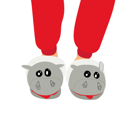 Kids legs with hippo slippers. Children's pajama party. Vector illustration in flat style.のイラスト素材