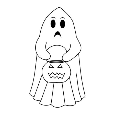 Coloring page of ghost with pumpkin lantern. Outline cartoon spooky character. Happy Halloween. vector illustrationのイラスト素材