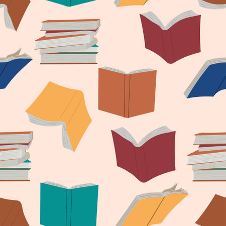 Seamless book background. open books flying. Hand drawn back to school knowledge conceptのイラスト素材