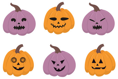 Set of different Halloween pumpkins. Sppoky jack-o-lantern in yellow and lilac colors. vector illustrationのイラスト素材
