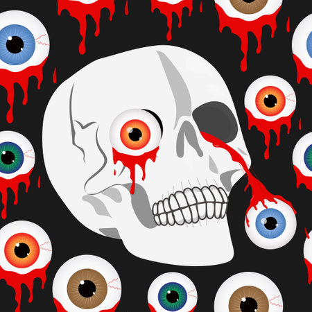 Creepy bloody halloween seamless pattern. Scary background with skull and eye balls. vector illustration.のイラスト素材