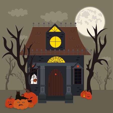 Halloween card with evil house. Happy Halloween illustration with a full moon, black cat, pumpkins and house with ghostのイラスト素材