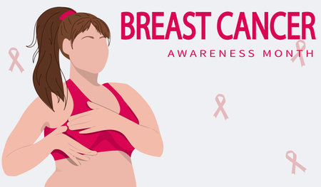 Woman doing breast self-examination (BSE). Breast Cancer Awareness. Disease prevention, solidarity or charity campaign flyer. vector flat illustrationのイラスト素材