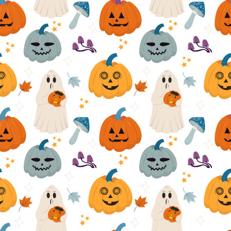 Halloween seamless pattern design with ghost and pumpkin. Great for prints, digital paper, textileのイラスト素材