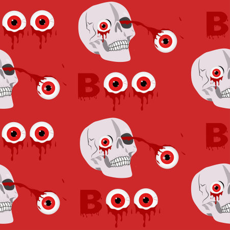 Seamless Halloween pattern with skull. Boo red background. Vector illustrationのイラスト素材
