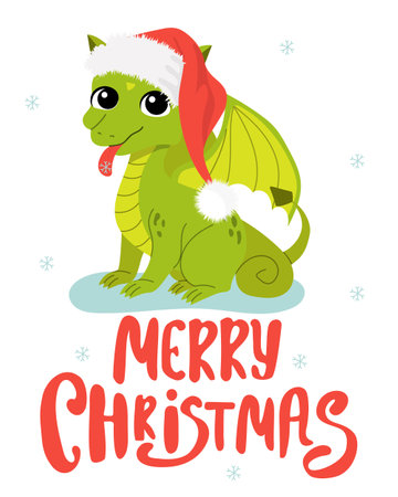 Merry Christmas vertical card with dragon. Cartoon cute baby fairy tale fantasy character. Vector Illustration.のイラスト素材
