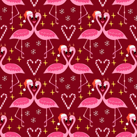 Christmas seamless pattern with flamingos on red background. Bright Flamingo New Year and Christmas Background. Vector Illustration.のイラスト素材