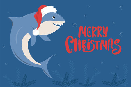 Cute shark wearing Santa Claus hat. Hand drawn vector illustration of Sea animal.のイラスト素材