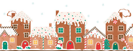 Gingerbread houses christmas border. Horizontal vector illustration for winter holidays. Gingerbread house dayのイラスト素材