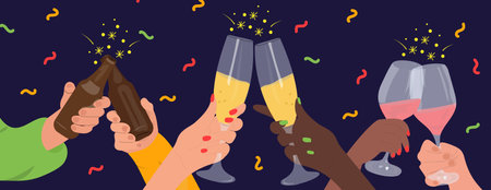 Men and women cleaning glasses with alcoholic drinks. Christmas party celebration together. Vector horizontal illustrationのイラスト素材