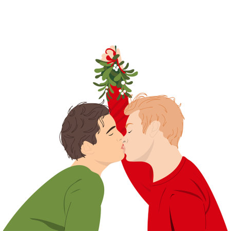Men in love kiss under Mistletoe. Concept of cute romantic greeting cards fo winter holidaysのイラスト素材