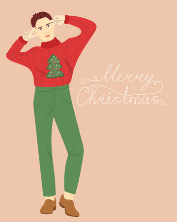 Cute Christmas card with man in ugly sweater. Merry Christmas vertical vector illustrationのイラスト素材