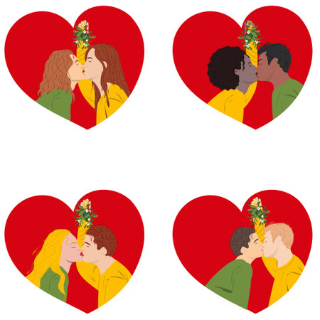 Set of couples kissing under Mistletoe. Concept of cute romantic greeting cards for winter holidays. People in loveのイラスト素材