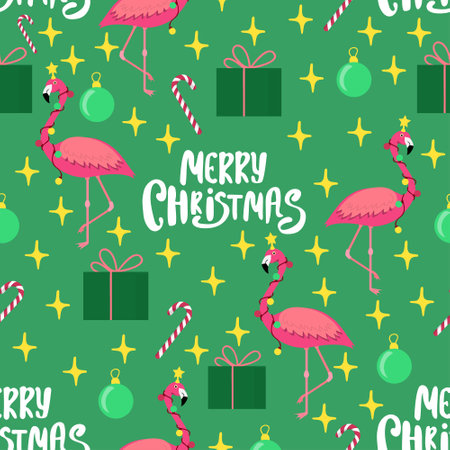 Christmas pattern with flamingo on green background. Design for fabric, wallpaper, textile and decor. Vector illustrationのイラスト素材