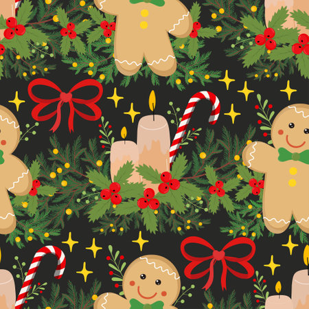 Christmas decoration seamless pattern on black background. Vector illustrationのイラスト素材