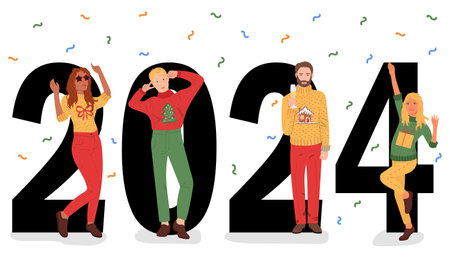 happy new year concept card. Small man and woman character built 2024 text. People celebrating party vector illustration.のイラスト素材