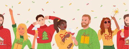 Friends in ugly sweaters seamless border. People celebrating party vector illustration.のイラスト素材