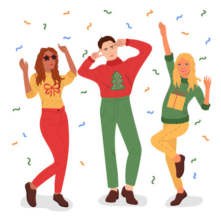 Friends in ugly sweaters having fun with confetti. People celebrating party vector illustration.のイラスト素材