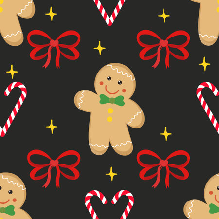 Gingerbread cookie seamless pattern on black background. Vector illustrationのイラスト素材