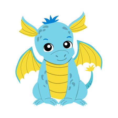 Cartoon baby blue dragon sitting. Fantasy character vector illustrationのイラスト素材