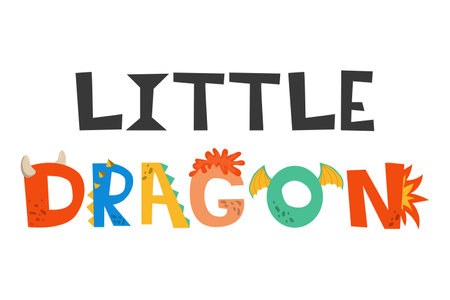 Little dragon lettering. Vector illustration in cartoon style. Childish design for birthday invitation or baby shower, poster, clothing, nursery wall art, and card.のイラスト素材