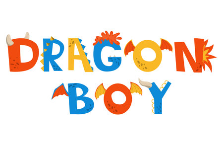 Dragon Boy lettering. Childish design for birthday invitation or baby shower, poster, clothing, nursery wall art, and card.のイラスト素材