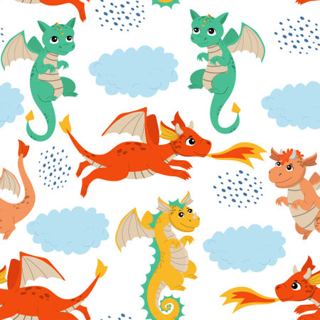 Cartoon flying dragons seamless pattern. Various dragons characters. Colorful isolated doodles on a white backgroundのイラスト素材