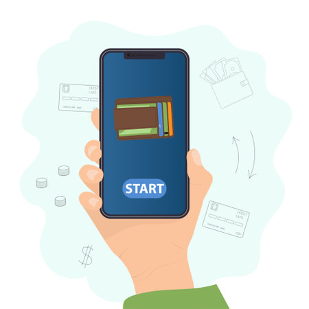Hand holding smartphone with wallet on the screen. Vector illustrationのイラスト素材