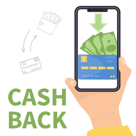Cashback loyalty program concept. Mobile cash back service on smartphone mobile screen. Vector illustration.のイラスト素材