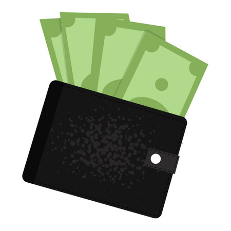 The wallet is full of money. Vector black wallet with green paper dollars money on white background.のイラスト素材