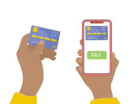 Person holding mobile phone with digital wallet app and credit card. Digital wallet application on mobile. Online or contactless paymentsのイラスト素材