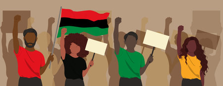Protesting african american people. Annual American holiday. Black history month, Juneteenth banner.のイラスト素材