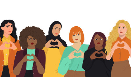business woman of different ethnicity stand together. Concept of woman, femininity, diversity, independence and equality. Vector illustration.のイラスト素材