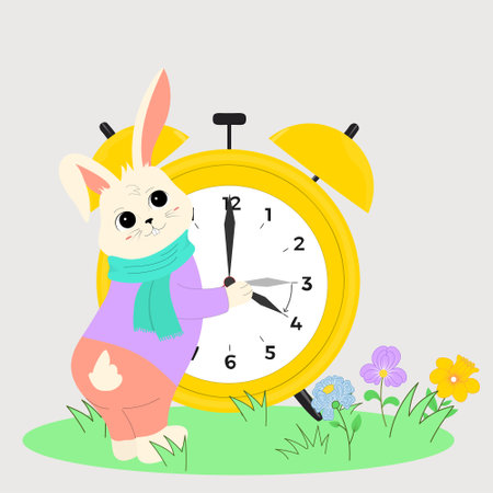 Rabbit changing the time on the watch. Change your clocks card for Spring Forward. Hand drawn spring forwardのイラスト素材