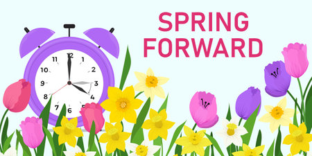 Daylight saving time concept. Border of flowers of tulips and narcissus, daffodils. Changing the time on the clock to summertimeのイラスト素材