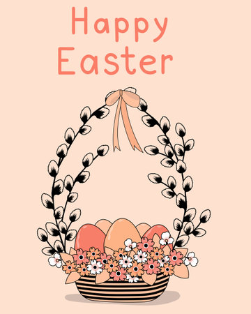 Vertical Easter card of basket with eggs. Vector illustration for greeting card, poster, bannerのイラスト素材