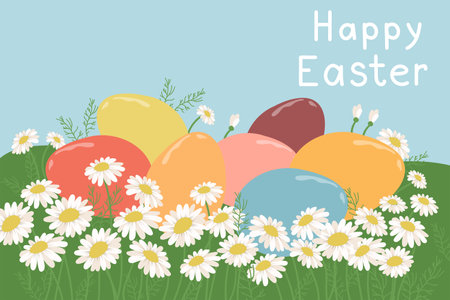 Easter eggs on a chamomile field. Horizontal vector illustration for greeting card, poster, bannerのイラスト素材