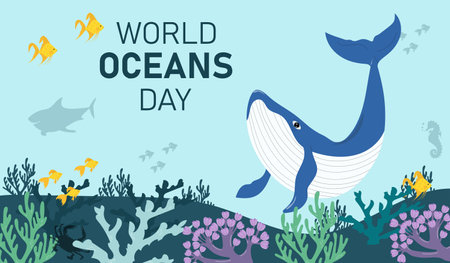 World Ocean Day banner. Hand drawn horizontal vector illustration.のイラスト素材