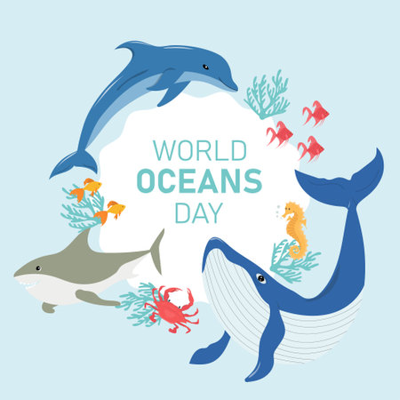 Oceans Day. Hand drawn vector illustration of oceans animals and fish were swimming underwaterのイラスト素材