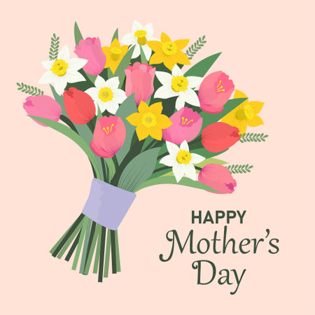 Mother's day greeting card with beautiful bouquet of tulips and daffodil. Hand drawn trendy vector illustration.のイラスト素材