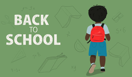 Back to school banner. African American schoolboy with stationery and books. Back view of boy with red backpack.のイラスト素材