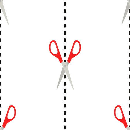 Seamless pattern with red scissors on white background. Hand drawn opened pair of scissors. Craft...