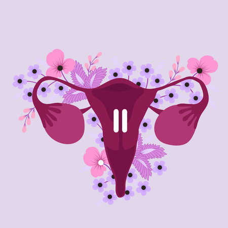 Uterus on pause with flowers. Women's reproductive system. Vector illustration