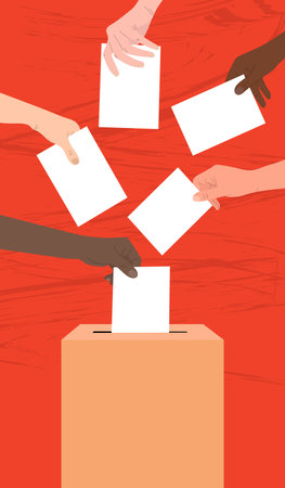 Election 2024 vertical banner. Human hand putting ballot into ballot box. Concept of politics, choice, freedom, democracy, human rights.のイラスト素材