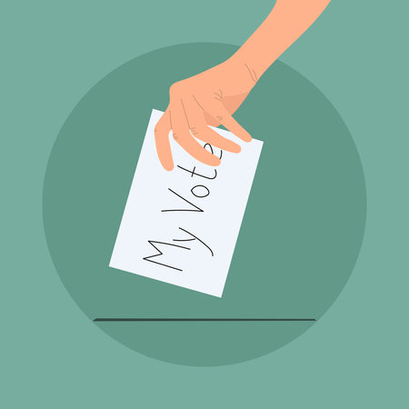 Hand putting ballot into ballot box on green background. Vote 2024. Concept of politics, choice,...