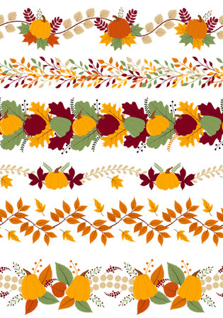 Seamless autumn hand-drawn borders set. Wreath with pimpkins and fall leaves for website header background. Vector illustrationのイラスト素材