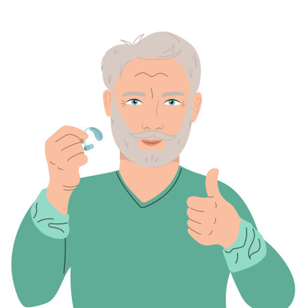 Senior man uses hearing aid and shows thumbs up. Hear impairment and deaf community concept. Happy man portrait, ear mold receiver for listening. Vector illustrationのイラスト素材
