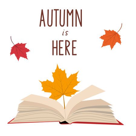 Autumn is here lettering with book. Vector drawing in the cartoon style.のイラスト素材