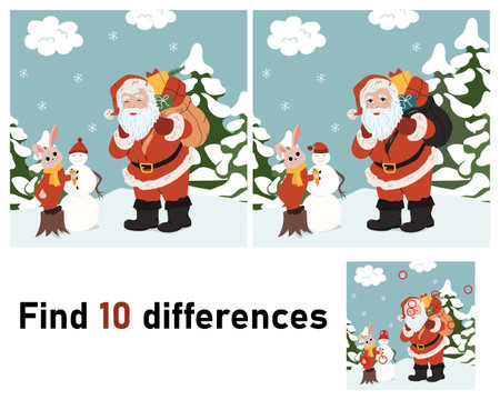Find differences, game for children Santa Claus. The picture is of a winter scene. Vector education game for childrenのイラスト素材