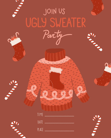 Ugly red sweater party invitation template. Cute vertical vector illustrationのイラスト素材